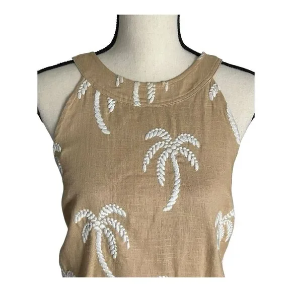 Ann Taylor Palm Embroidered Button Back Halter Tan Top, Size Large - Picture 3 of 16